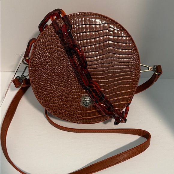 Carlos Santana Faux Reptile Leather Textured Brown Round Crossbody Bag - Picture 2 of 8